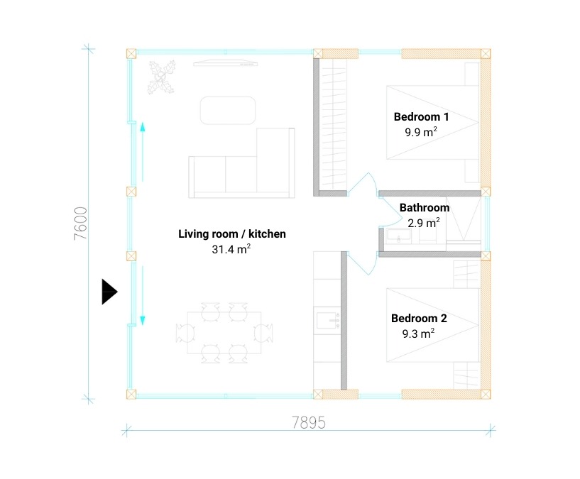 ODYL 60 2 bedroom, entrance to the bathroom from the living room